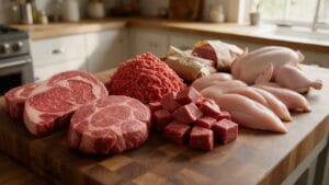 Bulk meat order of ribeye steaks, ground beef, beef cubes, chicken breasts and a whole chicken on a butcher block