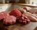 Bulk meat order of ribeye steaks, ground beef, beef cubes, chicken breasts and a whole chicken on a butcher block