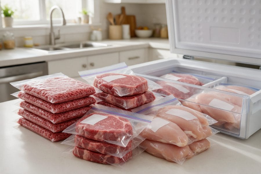bulk meat portioned freezer bags | Boucherie Beirut Bulk meat portioned into freezer bags of steaks, flat ground beef and chicken breasts beside an open freezer