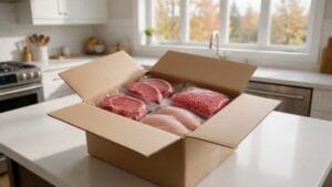 Halal meat delivery box opened on a kitchen island with fresh beef steaks, ground beef and chicken breasts