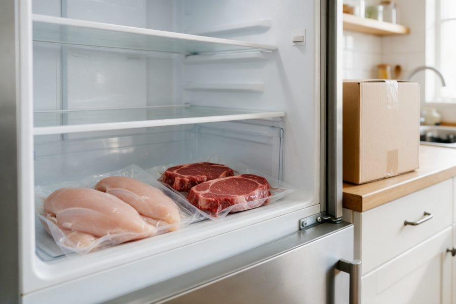 halal meat delivery fridge unpacking | Boucherie Beirut Halal meat delivery unpacked into the fridge, raw chicken breasts and beef steaks on the bottom shelf