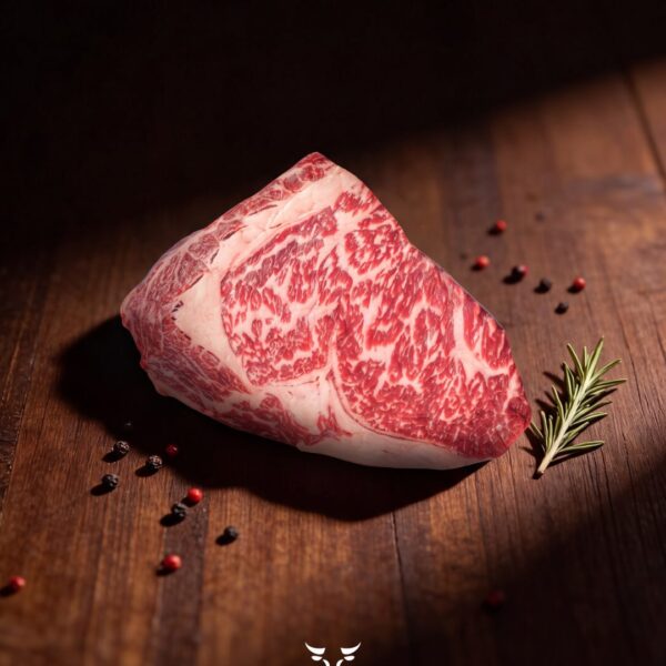 Wagyu ribeye 8-9 steak, raw with rich marbling on dark wood, halal meat delivery across Greater Montreal